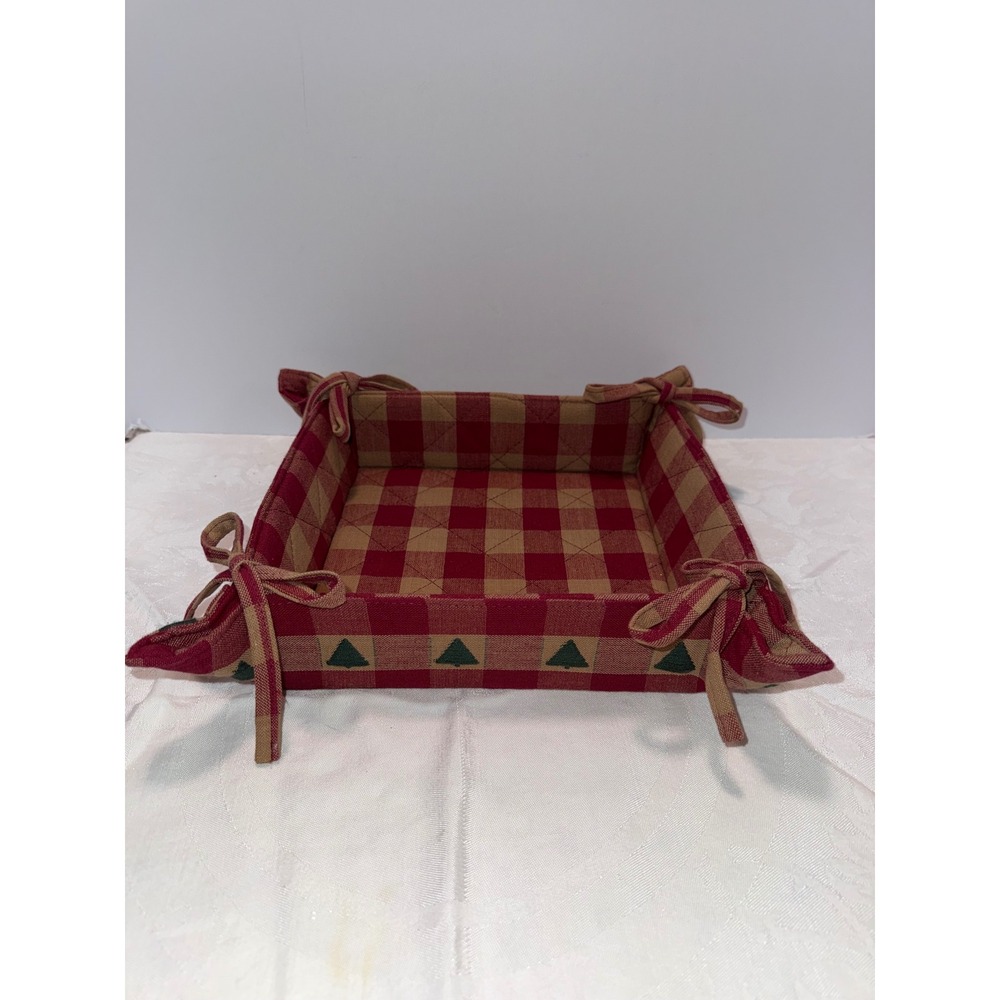 Red Tan Buffalo Check Quilted Fabric Bread Basket Pine Tree Christmas Farmhouse